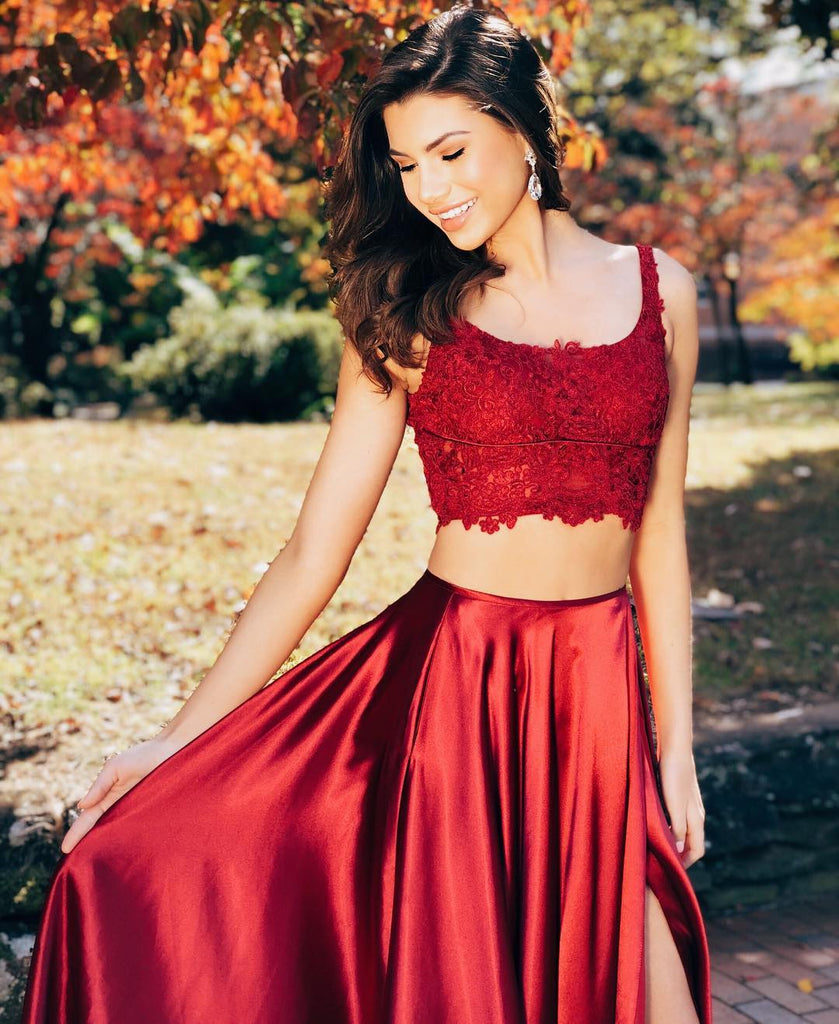 Burgundy Two Pieces Lace Satin Long Prom Dresses with High Split, Two Shiny Party Burgundy Two Pieces Lace Satin Long Prom Dresses with High Split, Two Shiny Party