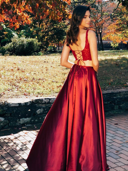Burgundy Two Pieces Lace Satin Long Prom Dresses with High Split, Two Pieces Burgundy Formal Dresses, Lace Burgundy Evening Dresses 2019