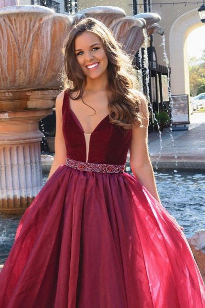 Burgundy V Neck Floor Length Prom Dress, Burgundy Formal Dress, Maroon