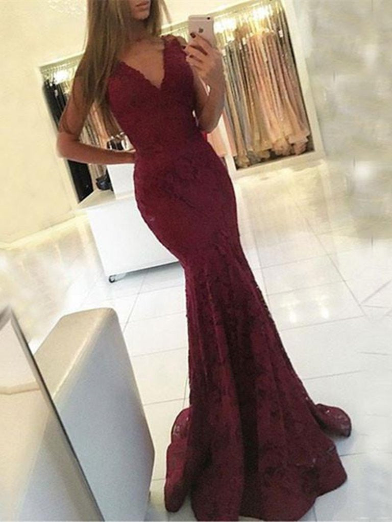 Burgundy V Neck Mermaid Lace Prom Dress, Mermaid Formal Dress, Lace Br Shiny Party Burgundy V Neck Mermaid Lace Prom Dress, Mermaid Formal Dress, Lace Br Shiny Party