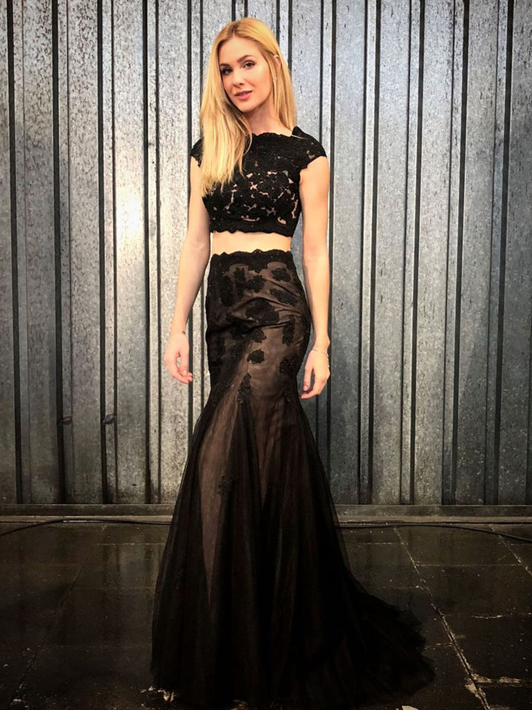 black 2 piece mermaid prom dress Two-Piece Prom Dresses Black High Neck Long Sleeves Lace Top Mermaid Sexy Evening Gowns