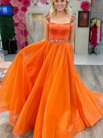 Cap Sleeves Beaded Orange Tulle Long Prom Dresses, Orange Tulle Formal Graduation Evening Dresses SP2282