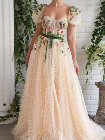 Cap Sleeves Floral Champagne Long Prom Dresses, Long Champagne Formal Graduation Evening Dresses With 3D Flowers SP2643