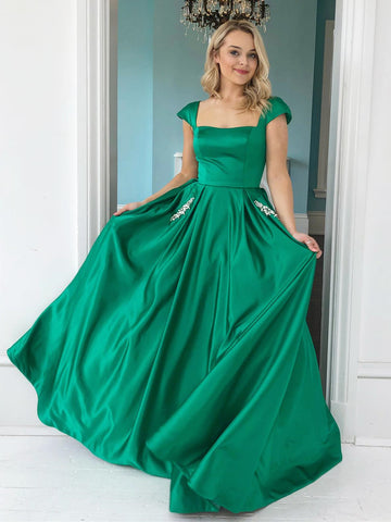 Cap Sleeves Green Satin Long Prom Dresses with Pocket, Green Formal Graduation Evening Dresses