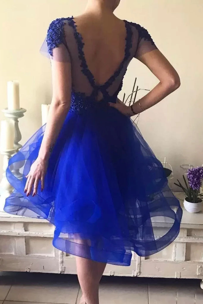 Cap Sleeves Round Neck Blue Beaded Prom Homecoming Dresses, Short Blue Shiny Party Cap Sleeves Round Neck Blue Beaded Prom Homecoming Dresses, Short Blue Shiny Party