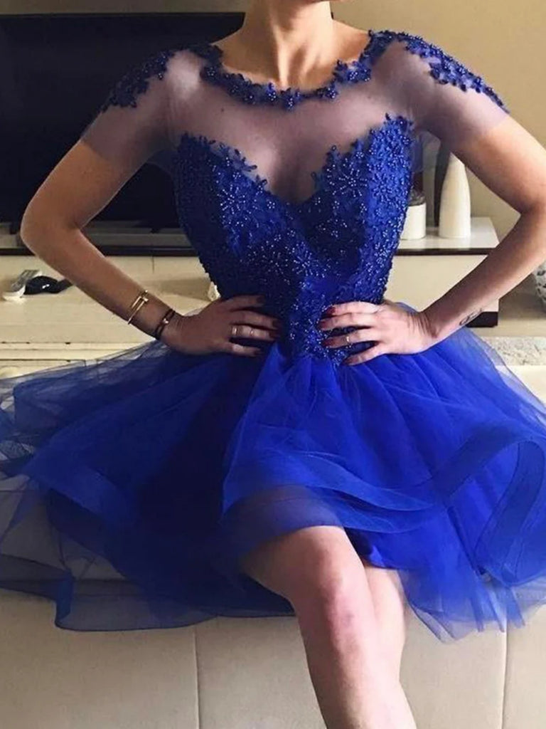 Cap Sleeves Round Neck Blue Beaded Prom Homecoming Dresses, Short Blue Shiny Party Cap Sleeves Round Neck Blue Beaded Prom Homecoming Dresses, Short Blue Shiny Party