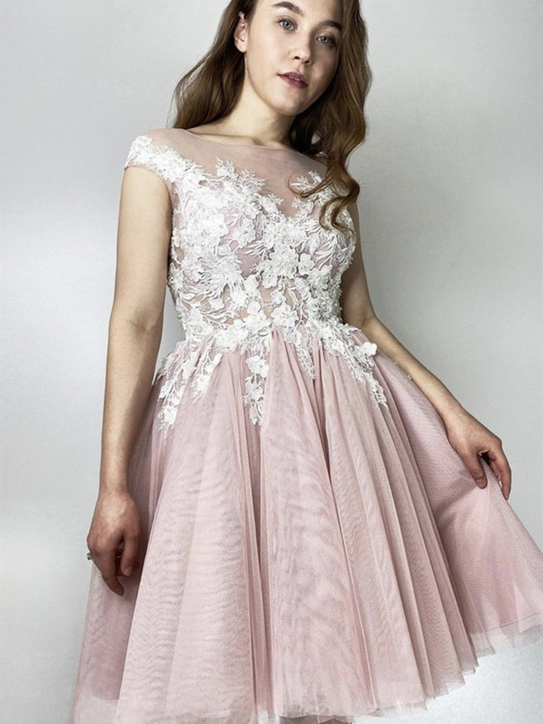 Cap Sleeves Round Neck Short Pink Lace Prom Dresses, Pink Lace Homecom Shiny Party Cap Sleeves Round Neck Short Pink Lace Prom Dresses, Pink Lace Homecom Shiny Party