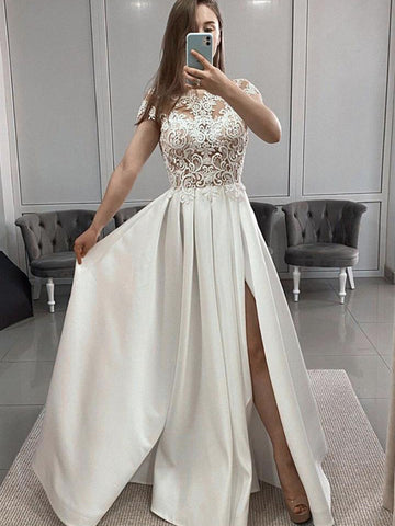 Cap Sleeves White Lace Long Prom Dresses with Slit, White Lace Formal Graduation Evening Dresses