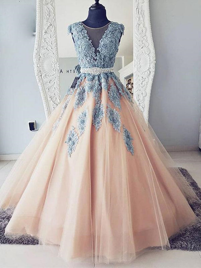 Cap Sleeves Round Neck Blue Lace Pink Tulle Long Ball Gown with Belt, Lace Pink Prom Dresses, Formal Dresses Cap Sleeves Round Neck Blue Lace Pink Tulle Long Ball Gown with Belt, Lace Pink Prom Dresses, Formal Dresses