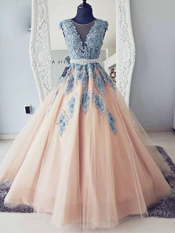 Cap Sleeves Round Neck Blue Lace Pink Tulle Long Ball Gown with Belt, Lace Pink Prom Dresses, Formal Dresses
