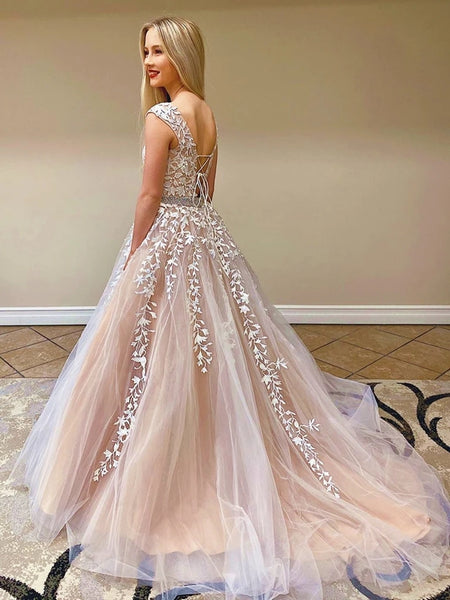 Cap Sleeves Round Neck Long Lace Champagne Prom Dresses, Cap Sleeves Lace Champagne Formal Dresses, Lace Champagne Evening Dresses, Party Dresses