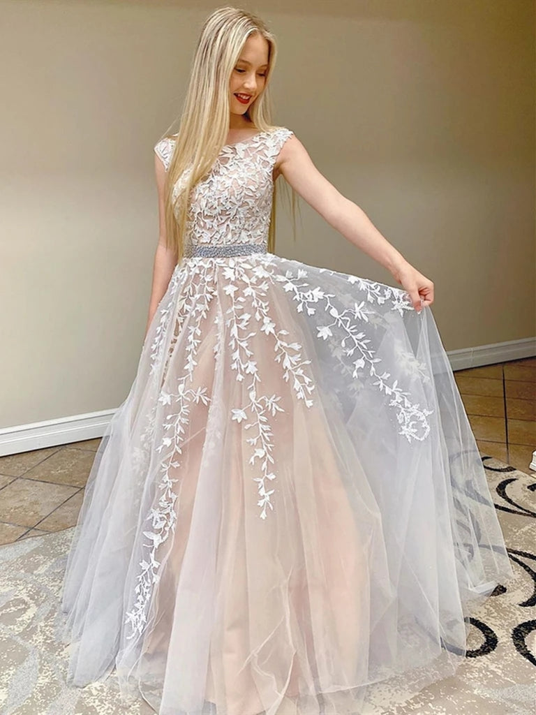 Cap Sleeves Round Neck Long Lace Champagne Prom Dresses, Cap Sleeves Lace Champagne Formal Dresses, Lace Champagne Evening Dresses, Party Dresses Cap Sleeves Round Neck Long Lace Champagne Prom Dresses, Cap Sleeves Lace Champagne Formal Dresses, Lace Champagne Evening Dresses, Party Dresses