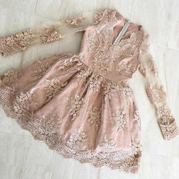 Champagne Long Sleeves Lace Short Prom Dresses, Long Sleeves Formal Dresses, Homecoming Dresses