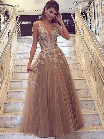 Elegant Champagne Lace Prom Dresses Long, Champagne Lace Formal Evenin –  Shiny Party