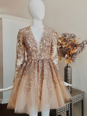 Champagne V Neck Long Sleeves Lace Short Prom Dresses, Long Sleeves Champagne Lace Homecoming Dresses, Champagne Lace Formal Graduation Evening Dresses