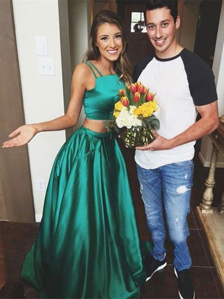 Charming A Line Sleeveless Two Pieces Green Prom Dresses, Green Formal Dresses