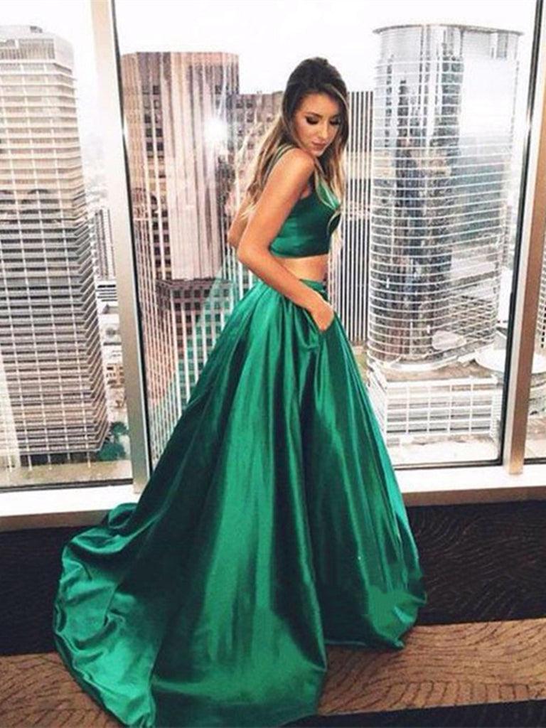 Charming A Line Sleeveless Two Pieces Green Prom Dresses, Green Formal Shiny Party Charming A Line Sleeveless Two Pieces Green Prom Dresses, Green Formal Shiny Party