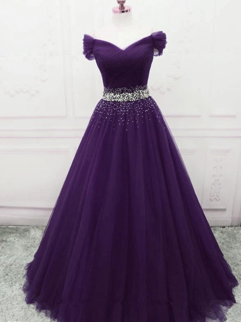 Charming Off Shoulder Dark Purple Tulle Long Prom Dresses with Sequins Shiny Party Charming Off Shoulder Dark Purple Tulle Long Prom Dresses with Sequins Shiny Party