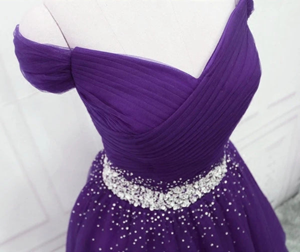 Charming Off Shoulder Dark Purple Tulle Long Prom Dresses with Sequins, Dark Purple Formal Graduation Evening Dresses