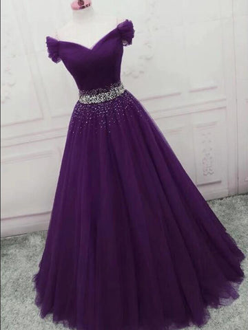 Charming Off Shoulder Dark Purple Tulle Long Prom Dresses with Sequins, Dark Purple Formal Graduation Evening Dresses