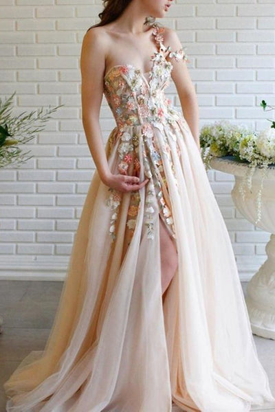 Charming One Shoulder Floral Champagne Long Prom Dresses, 3D Flowers Champagne Formal Evening Dresses