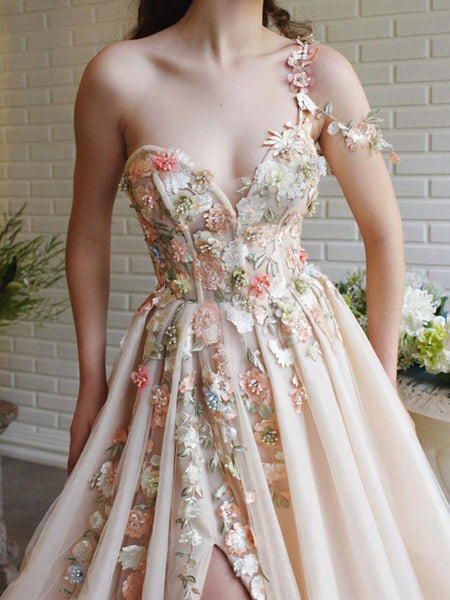 Charming One Shoulder Floral Champagne Long Prom Dresses, 3D Flowers Champagne Formal Evening Dresses