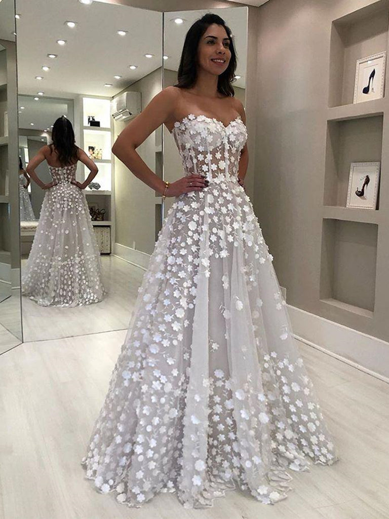 Charming Strapless Light Gray Long Prom Dresses with White Appliques, White Floral Light Gray Wedding Dresses, Formal Evening Dresses