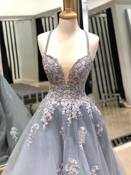 Charming V Neck Gray Lace Long Prom Dresses, Grey Lace Formal Evening Dresses