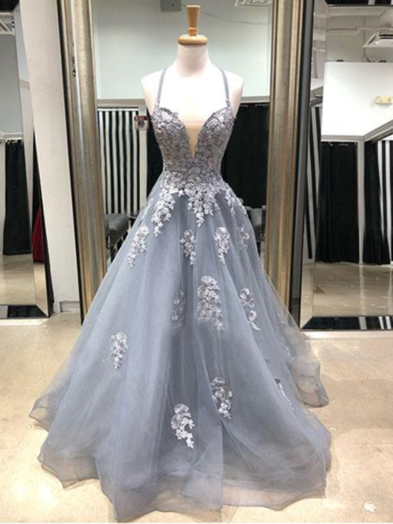 Charming V Neck Gray Lace Long Prom Dresses, Grey Lace Formal Evening Shiny Party Charming V Neck Gray Lace Long Prom Dresses, Grey Lace Formal Evening Shiny Party