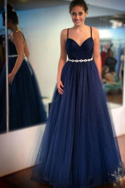 Charming V Neck Navy Blue Tulle Long Prom Dresses with Belt, Navy Blue Formal Graduation Evening Dresses SP2071