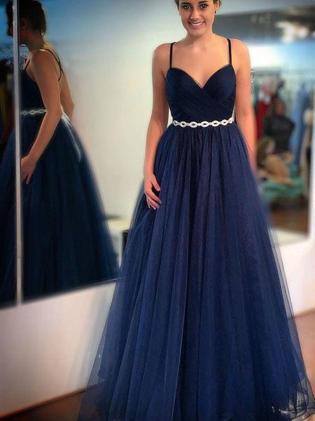 Charming V Neck Navy Blue Tulle Long Prom Dresses with Belt, Navy Blue Formal Graduation Evening Dresses SP2071