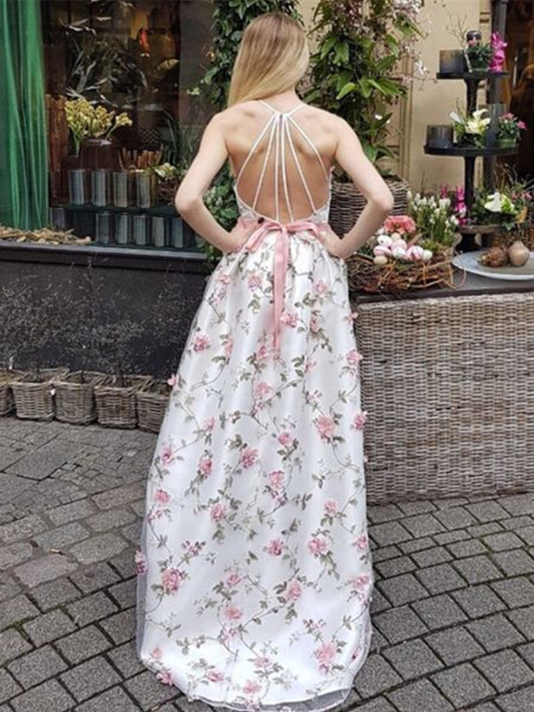 Charming A Line V Neck Backless 3D Flower Long Prom Dresses with Appli Shiny Party Charming A Line V Neck Backless 3D Flower Long Prom Dresses with Appli Shiny Party