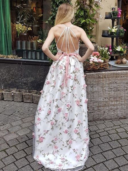 Charming A Line V Neck Backless 3D Flower Long Prom Dresses with Appliques, V Neck Graduation Dresses, Evening Dresses