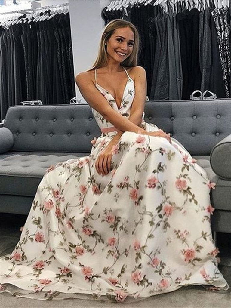 Charming A Line V Neck Backless 3D Flower Long Prom Dresses with Appliques, V Neck Graduation Dresses, Evening Dresses Charming A Line V Neck Backless 3D Flower Long Prom Dresses with Appliques, V Neck Graduation Dresses, Evening Dresses