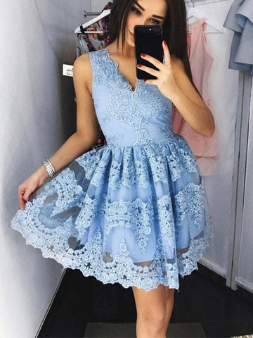 Charming Light Blue Lace Prom Dresses, Light Blue Homecoming Dresses