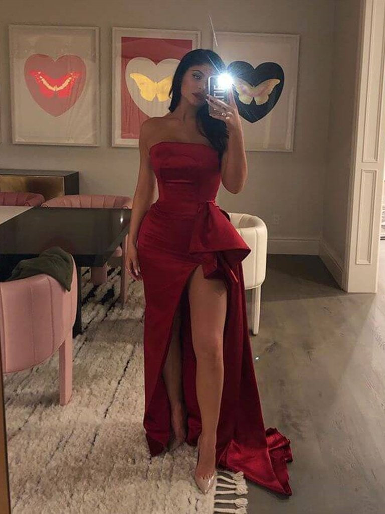 Charming Mermaid Burgundy Satin Long Prom Dresses with High Slit, Burg Shiny Party Charming Mermaid Burgundy Satin Long Prom Dresses with High Slit, Burg Shiny Party