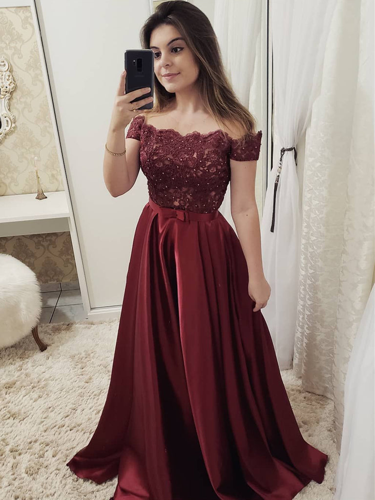 Charming Off Shoulder Burgundy/Green/Blue Lace Long Prom Dresses, Burg Shiny Party Charming Off Shoulder Burgundy/Green/Blue Lace Long Prom Dresses, Burg Shiny Party