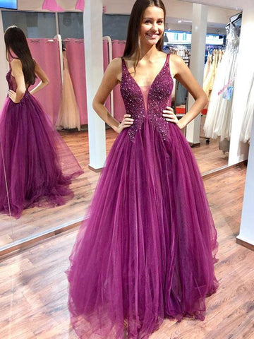 Charming Purple V Neck Beaded Lace Top Long Prom Dresses, Purple Formal Dresses, Evening Dresses