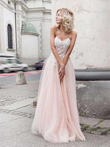 Charming Sweetheart Neck Lace Pink Wedding Dresses With Appliques, Pink Lace Prom Dresses