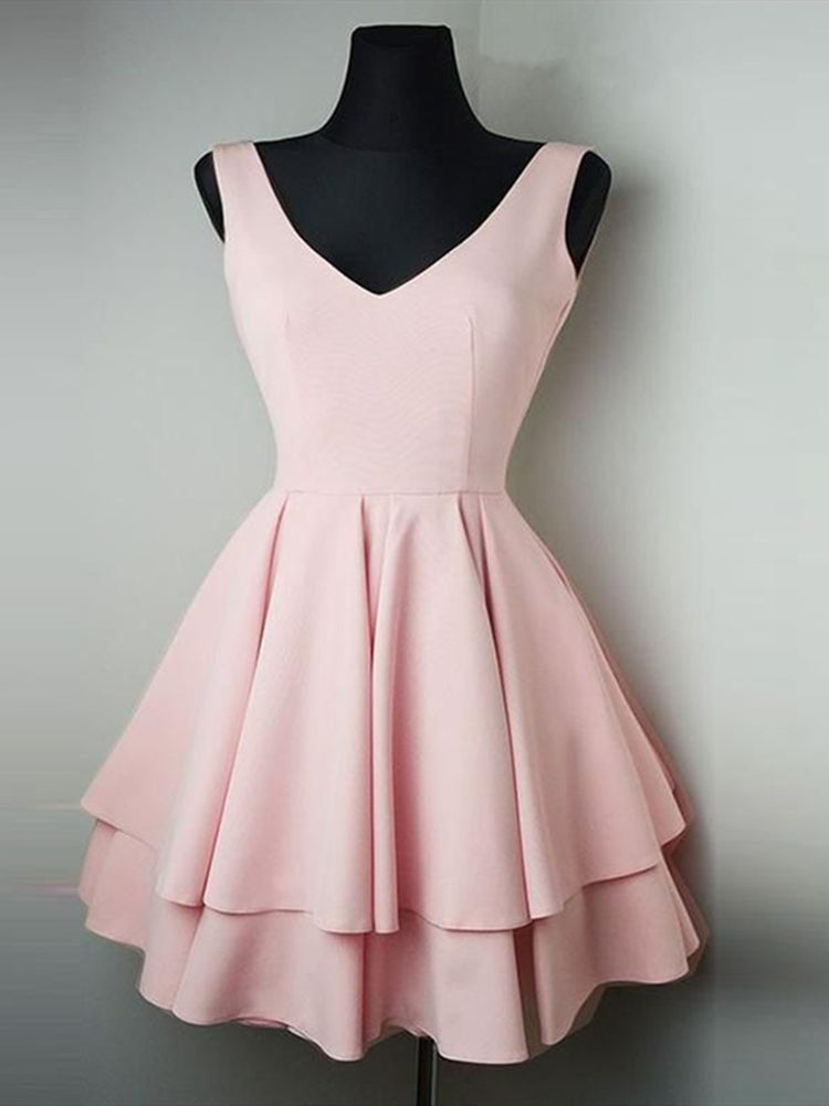 Cheap Simple V Neck Pink Homecoming Dresses Short Prom Dresses Online, Cute Pink Graduation Dresses, Formal Dresses, Evening Dresses