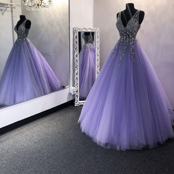 Chic V Neck Sequins Purple Tulle Long Prom Dresses, V Neck Lilac Formal Evening Dresses, Purple Ball Gown