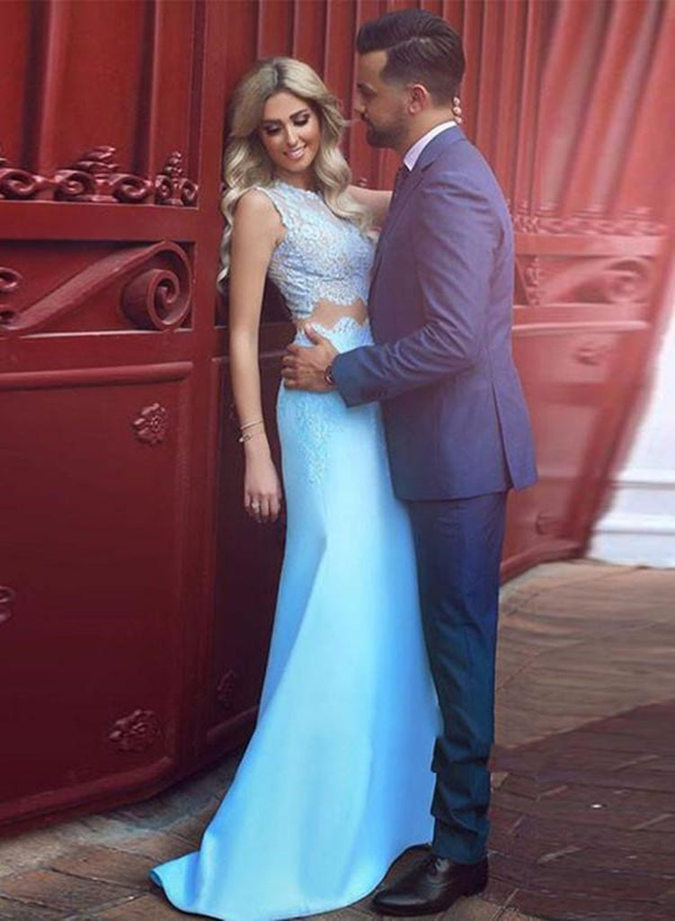 Custom Made 2 Pieces Light Blue Lace Mermaid Prom Dresses, 2 Pieces La Shiny Party Custom Made 2 Pieces Light Blue Lace Mermaid Prom Dresses, 2 Pieces La Shiny Party
