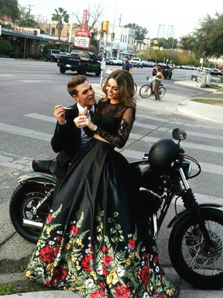 Custom Made 2 Pieces Open Back Long Sleeves Black Lace Prom Dress, 2 P Shiny Party Custom Made 2 Pieces Open Back Long Sleeves Black Lace Prom Dress, 2 P Shiny Party