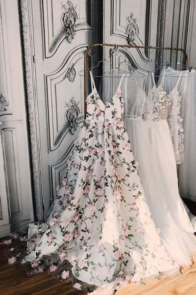 Custom Made 3D Flowers V Neck Floor Length Prom Dress, V Neck Graduation Dress