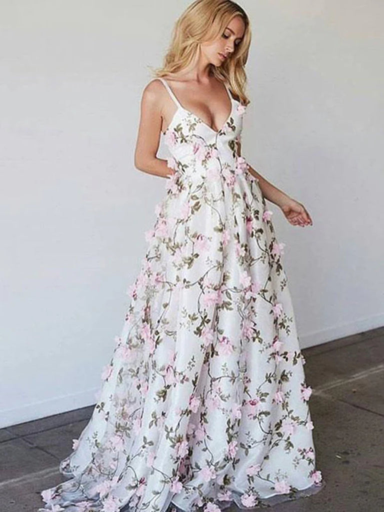 Custom Made 3D Flowers V Neck Floor Length Prom Dress, V Neck Graduati Shiny Party Custom Made 3D Flowers V Neck Floor Length Prom Dress, V Neck Graduati Shiny Party