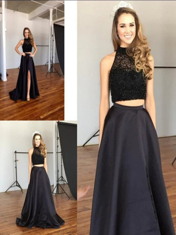 Custom Made A Line 2 Pieces Black Long Prom Dresses, 2 Pieces Black Long Formal Dress