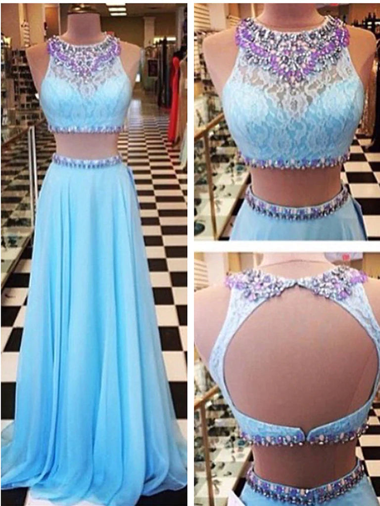 Custom Made A Line 2 Pieces Blue Long Lace Prom Dress, Lace Formal Dress