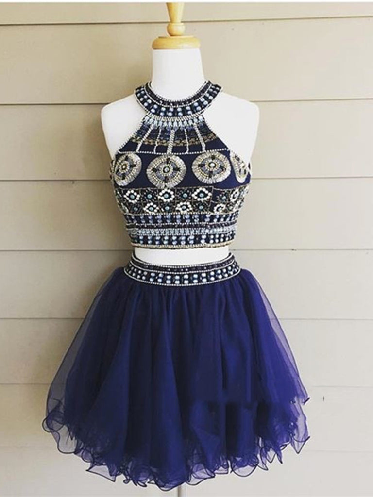 Custom Made A Line 2 Pieces Short Blue Prom Dresses, Blue Homecoming Dresses, Graduation Dresses