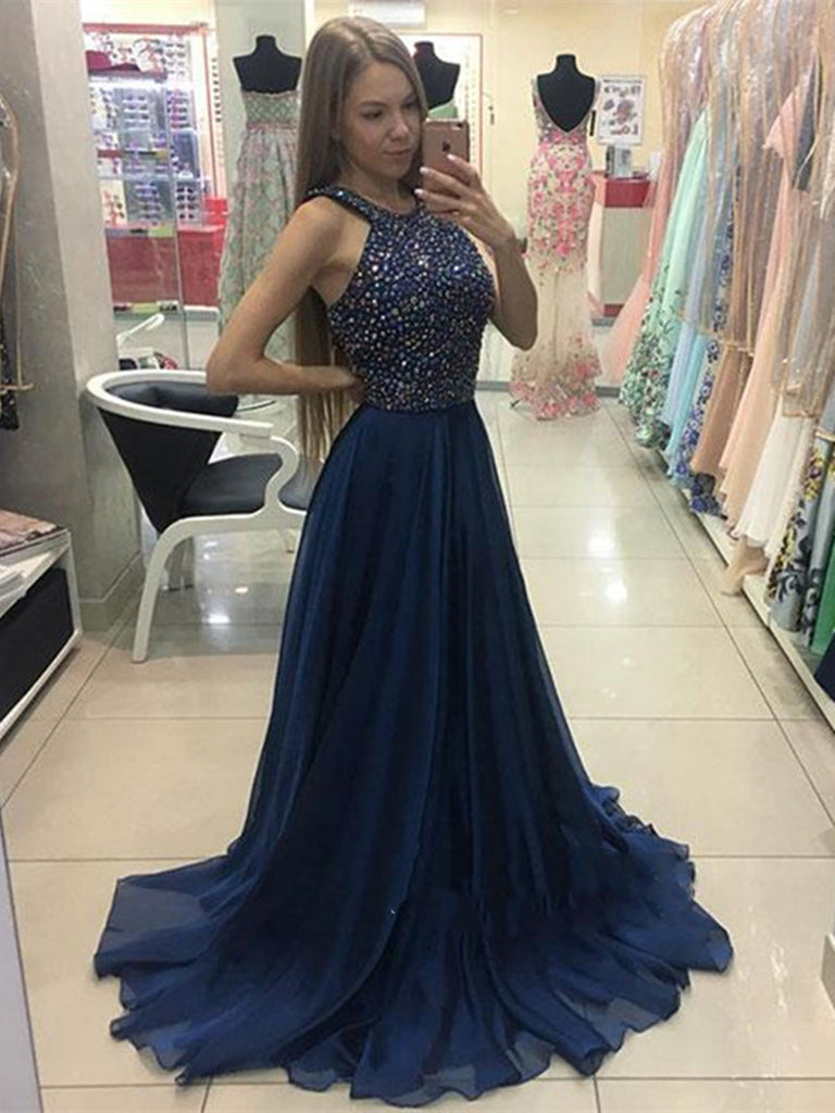 Custom Made A Line Dark Blue Chiffon Prom Dresses With Beads, Dark Blue Formal Dresses