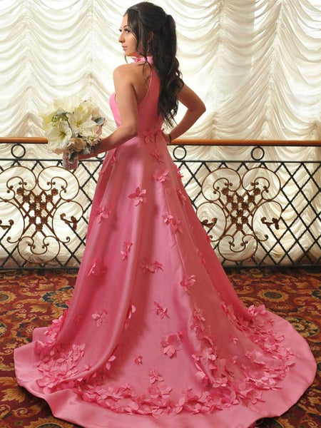Custom Made A Line Pink Satin Floral Long Prom Dresses, Long Pink Floral Formal Evening Dresses